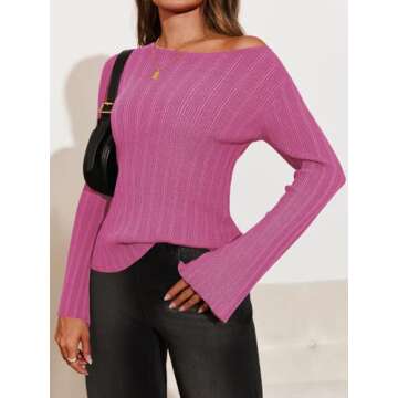 Cicy Bell Womens Bell Long Sleeve Tops Going Out Knitted Fall Pullover Lightweight Sweater Shirts Pink