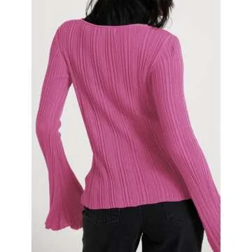 Cicy Bell Womens Bell Long Sleeve Tops Going Out Knitted Fall Pullover Lightweight Sweater Shirts Pink