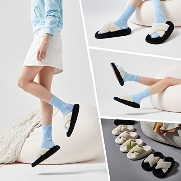 POSEE Women's Fuzzy Cross Band Slippers for Comfort