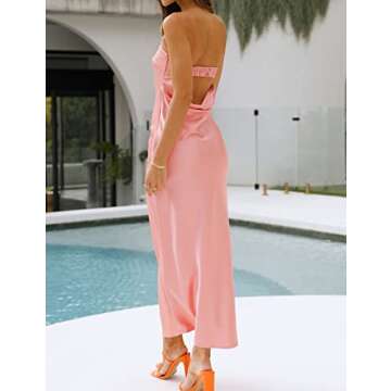 Realtix Satin Silk Backless Tube Tops Maxi Dress for Women Low Back Hollow Out Elegant Strapless Long Dresses Wedding Guest Pink