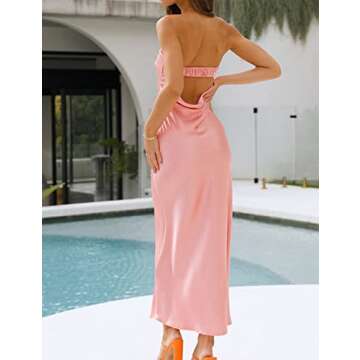 Realtix Satin Silk Backless Tube Tops Maxi Dress for Women Low Back Hollow Out Elegant Strapless Long Dresses Wedding Guest Pink