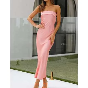 Realtix Satin Silk Backless Tube Tops Maxi Dress for Women Low Back Hollow Out Elegant Strapless Long Dresses Wedding Guest Pink