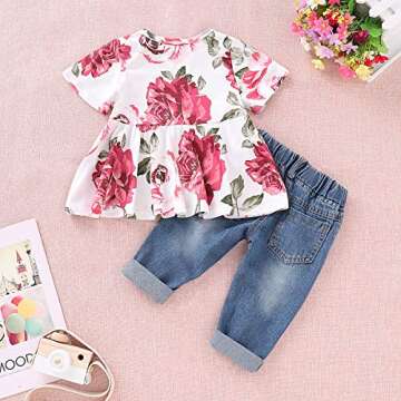 CARETOO Girls Clothes Outfits, Cute Baby Girl Floral Short Sleeve Pant Set Flower Ruffle Top