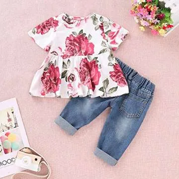 CARETOO Girls Clothes Outfits, Cute Baby Girl Floral Short Sleeve Pant Set Flower Ruffle Top
