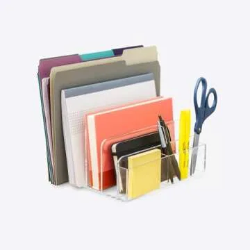 E+COUNT Acrylic Desk Filer, Clear File Holder for Office Organization - Acrylic File Organizer, File Sorter for Folders, Mail, Magazines, Pens, Books, Letters - Patent Pending