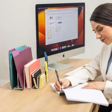 E+COUNT Acrylic Desk Filer, Clear File Holder for Office Organization - Acrylic File Organizer, File Sorter for Folders, Mail, Magazines, Pens, Books, Letters - Patent Pending