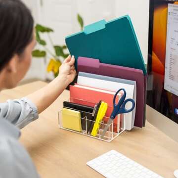 E+COUNT Acrylic Desk Filer, Clear File Holder for Office Organization - Acrylic File Organizer, File Sorter for Folders, Mail, Magazines, Pens, Books, Letters - Patent Pending