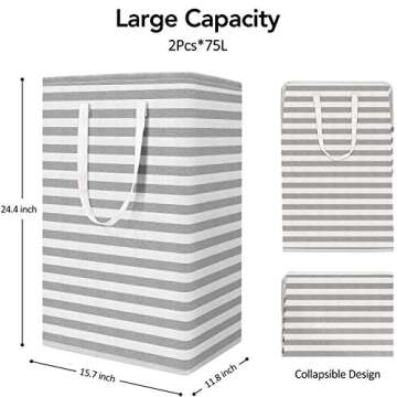 WISELIFE 2-Pack Laundry Hamper 75L Collapsible Large Laundry Baskets with Easy Carry Handles Freestanding Waterproof Clothes Hamper Storage Basket for Toys Clothes Organizer - 24.4" (H), Grey