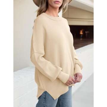ANRABESS Women Crewneck Batwing Long Sleeve 2024 Fall Oversized Side Slit Ribbed Knit Pullover Sweaters Top Cozy Outfits Apricot Large
