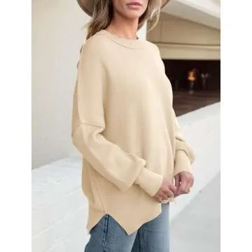ANRABESS Women Crewneck Batwing Long Sleeve 2024 Fall Oversized Side Slit Ribbed Knit Pullover Sweaters Top Cozy Outfits Apricot Large