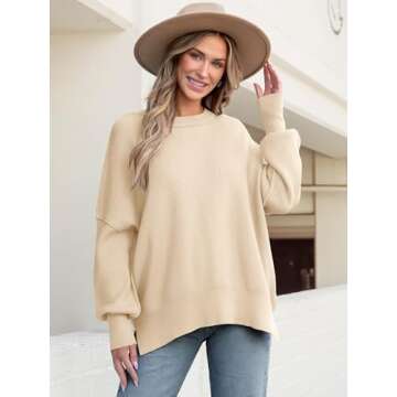 ANRABESS Women Crewneck Batwing Long Sleeve 2024 Fall Oversized Side Slit Ribbed Knit Pullover Sweaters Top Cozy Outfits Apricot Large