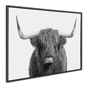 Kate and Laurel Sylvie B&W Highland Cow No. 1 Portrait Framed Canvas Wall Art by Amy Peterson Art Studio, 28x38 Gray, Rustic Farm Animal Art for Wall
