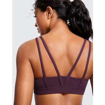 CRZ YOGA Butterluxe V Neck Sports Bras for Women - Molded Cup Workout Top Double Spaghetti Straps Wireless Yoga Clothes Deep Purple Large