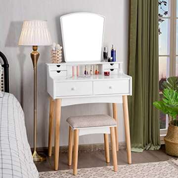 CHARMAID Makeup Vanity Set with 6 Drawers, Dressing Table with Cushioned Stool and Unique Shape Mirr...