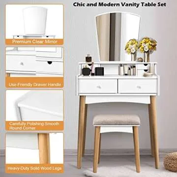 CHARMAID Makeup Vanity Set with 6 Drawers, Dressing Table with Cushioned Stool and Unique Shape Mirror, Modern Dresser for Bedroom Bathroom, Chic Vanity Desk Set for Girls Women (6 Drawers)