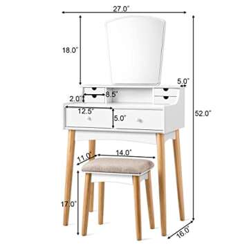 CHARMAID Makeup Vanity Set with 6 Drawers, Dressing Table with Cushioned Stool and Unique Shape Mirror, Modern Dresser for Bedroom Bathroom, Chic Vanity Desk Set for Girls Women (6 Drawers)