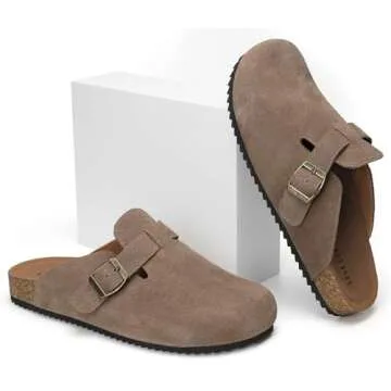 ZUSERIS Womens Mens Suede Leather Clogs Cork Wide Width Footbed Sandals Arch Support Comfort Mules Soft Potato Shoes with Adjustable Buckle,37 Dark Brown