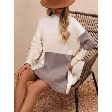 yoeasy Women's Color Block Knit Tunic Sweater Dress Crew Neck Long Sleeve Mini Tunic Pullover Sweater (Large, Apricot)