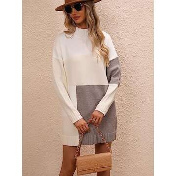 yoeasy Women's Color Block Knit Tunic Sweater Dress Crew Neck Long Sleeve Mini Tunic Pullover Sweater (Large, Apricot)