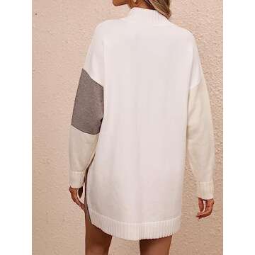 yoeasy Women's Color Block Knit Tunic Sweater Dress Crew Neck Long Sleeve Mini Tunic Pullover Sweater (Large, Apricot)