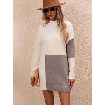yoeasy Women's Color Block Knit Tunic Sweater Dress Crew Neck Long Sleeve Mini Tunic Pullover Sweater (Large, Apricot)