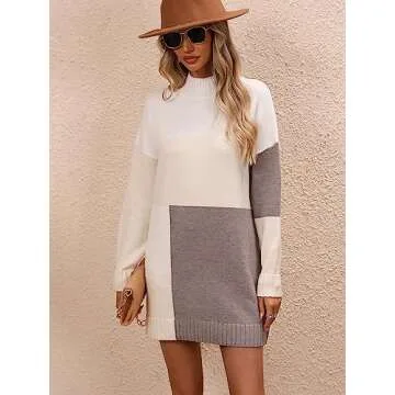 yoeasy Women's Color Block Knit Tunic Sweater Dress Crew Neck Long Sleeve Mini Tunic Pullover Sweater (Large, Apricot)