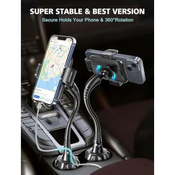 TOPGO Cup Phone Holder for Car [2025 Upgraded Ultra-Sturdy & Non-Shaking] Car Phone Mount with Adjustable Long Gooseneck Cell Phone Automobile Cradles for iPhone 16 Pro Max and More Smartphone - Black
