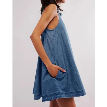 TBETNE Denim Summer Sleeveless Mini Dress with Pockets