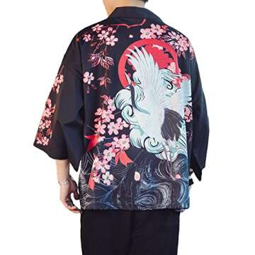 PRIJOUHE Men's Lightweight Kimono Jacket Seven Sleeve Open Front Cardigan Coat Japanese Style Bathro...
