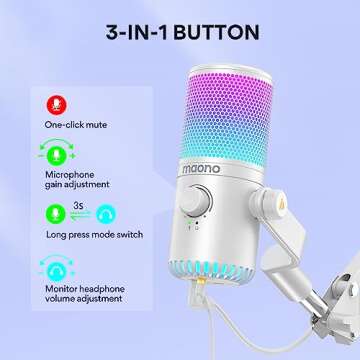 MAONO Gaming Microphone for PC, PS5, PS4, Computer, USB Condenser Mic with Quick Mute, Programmable RGB Lights, Gain, Monitoring for Streaming, Podcast, Twitch, YouTube, Discord, DM30 RGB White