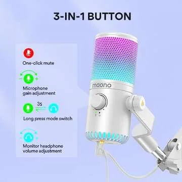 MAONO Gaming Microphone for PC, PS5, PS4, Computer, USB Condenser Mic with Quick Mute, Programmable RGB Lights, Gain, Monitoring for Streaming, Podcast, Twitch, YouTube, Discord, DM30 RGB White