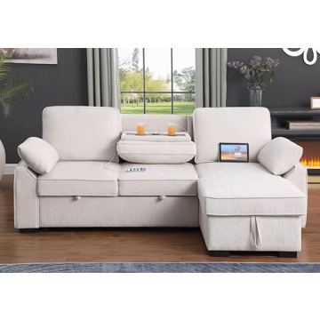 L-Shaped Pull Out Sleep Sofabed,Modern Reversible Sleeper Sectional Sofa Chenille Upholstered Button...