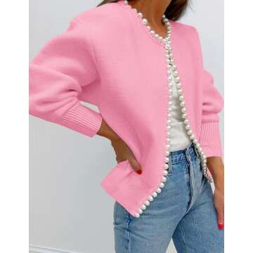 ZESICA Women's Open Front Cardigan Sweater Casual Knitted Long Sleeve Pearls Trim Outerwear Coat Tre...