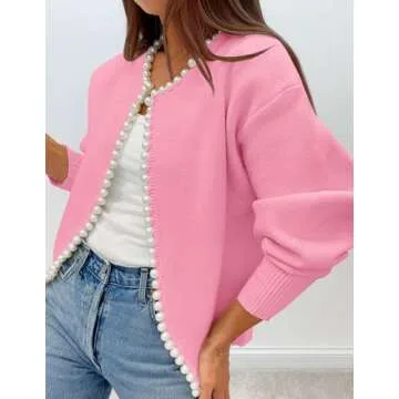 ZESICA Women's Open Front Cardigan Sweater Casual Knitted Long Sleeve Pearls Trim Outerwear Coat Trendy Clothes,Pink,Large
