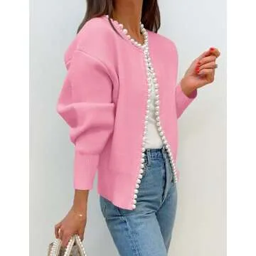 ZESICA Women's Open Front Cardigan Sweater Casual Knitted Long Sleeve Pearls Trim Outerwear Coat Trendy Clothes,Pink,Large