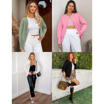 ZESICA Women's Open Front Cardigan Sweater Casual Knitted Long Sleeve Pearls Trim Outerwear Coat Trendy Clothes,Pink,Large