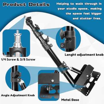 Wall Mount Triangle Boom Arm, 180º Flexible Rotation, Save Space, for Ring Light, Photography Strobe Light, Monolight, Softbox, Umbrella and Reflector