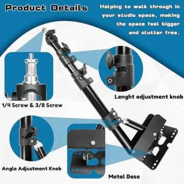 Wall Mount Triangle Boom Arm, 180º Flexible Rotation, Save Space, for Ring Light, Photography Strobe Light, Monolight, Softbox, Umbrella and Reflector