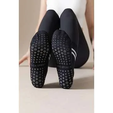 Irisbear Womens Pilates Socks with Grips Non Slip Yoga Socks Barre Hospital Athletic Grippy Socks for Women 3 PACK BLACK WHITE GRAY