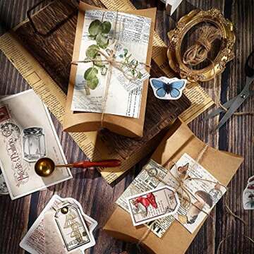 120 Pcs Vintage Aesthetic Scrapbook Kit Junk Journaling Supply with Retro Stamp Stickers,Material Paper, Tag Card,Hand Account Collage Card,Pillow Box,Twine Diary Supply Birthday Gift(Artsy Style)
