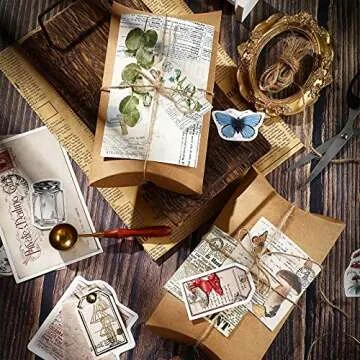 120 Pcs Vintage Aesthetic Scrapbook Kit Junk Journaling Supply with Retro Stamp Stickers,Material Paper, Tag Card,Hand Account Collage Card,Pillow Box,Twine Diary Supply Birthday Gift(Artsy Style)