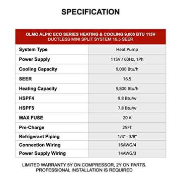 OLMO Alpic 9,000 BTU Ductless Mini Split AC/Heating System