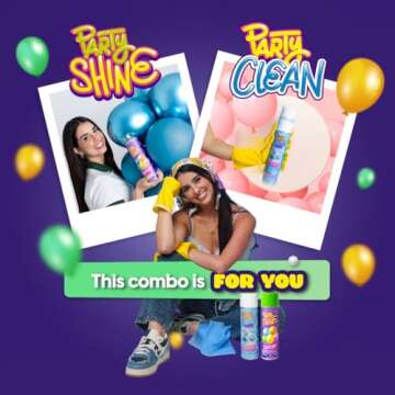 Party Shine Bundle: Balloon Shine Spray & Party Clean – Waterproof, Non-Slip Shine (13oz) + Essential Cleaner (14oz) for Floors, Backdrops, & Bounce Houses – Perfect for Party Decor