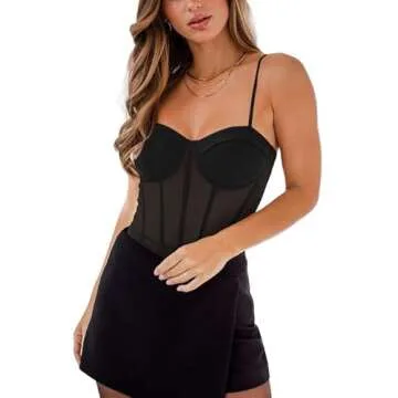 REORIA Women's Summer Sexy Mesh Sheer Spaghetti Strap Backless Going Out Slimming Bustier Corset Leotards Tummy Control Bodysuit Tank Top with Built in Bra (- Black Medium)