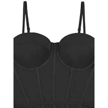 REORIA Women's Summer Sexy Mesh Sheer Spaghetti Strap Backless Going Out Slimming Bustier Corset Leotards Tummy Control Bodysuit Tank Top with Built in Bra (- Black Medium)
