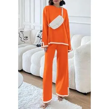 PRETTYGARDEN Women's 2 Piece Knit Sweater Set Casual Long Sleeve Pullover Wide Leg Pants Sweatsuit Tracksuit Outfit (Orange,Medium)