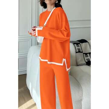 PRETTYGARDEN Women's 2 Piece Knit Sweater Set Casual Long Sleeve Pullover Wide Leg Pants Sweatsuit Tracksuit Outfit (Orange,Medium)