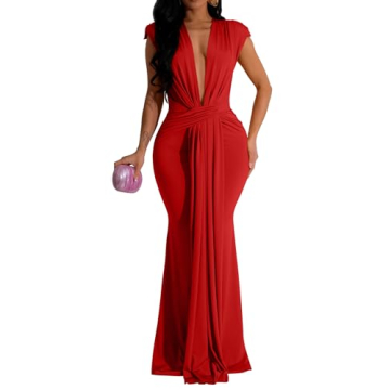Memoriesea Women's Elegant Sleeveless Deep V Neck Bodycon Party Evening Gown Maxi Dress Red