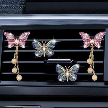 Bling Butterfly Air Vent Clips, 4 Pcs Crystal Butterfly Pandent Car Air Fresheners Vent Clips Car Di...
