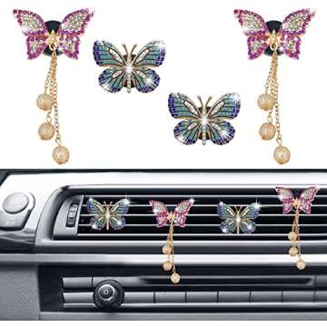 Bling Butterfly Air Vent Clips, 4 Pcs Crystal Butterfly Pandent Car Air Fresheners Vent Clips Car Diffuser Vent Clip Diamond Car Decoration Cute Car Interior Decor Bling Car Accessories for Women